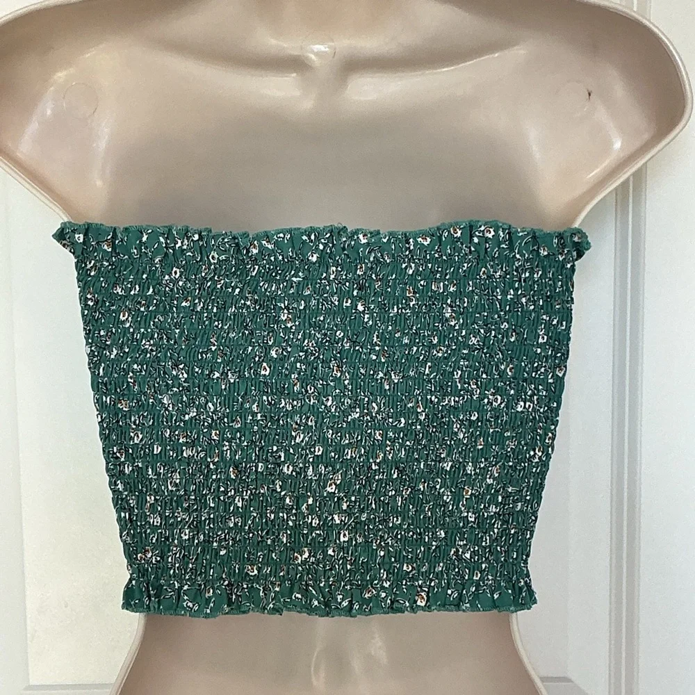 2 Bella Womens XS Green Floral Print Smocked Strapless Tube Top - Picture 3 of 6
